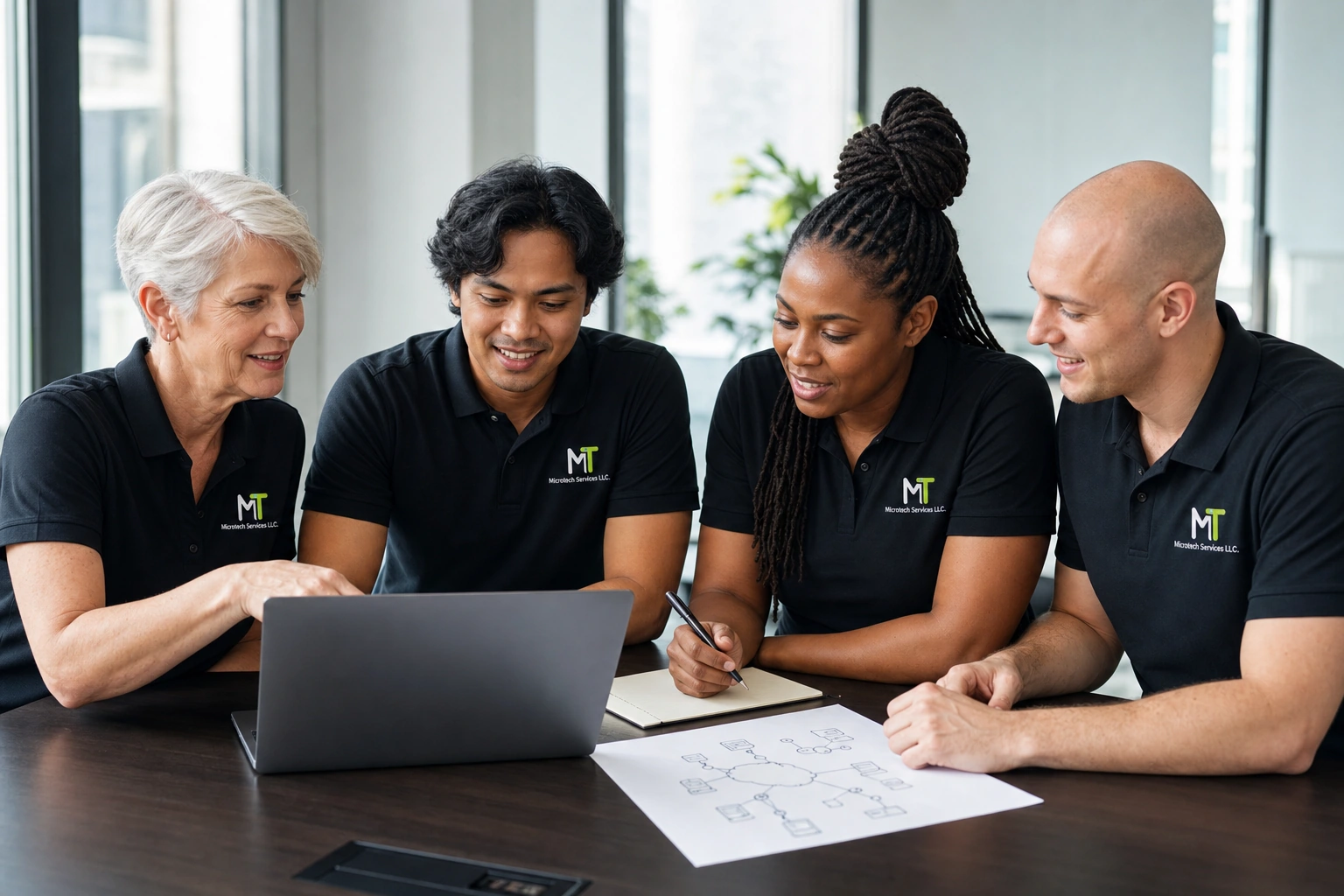 Microtech Services team collaborating around a network plan