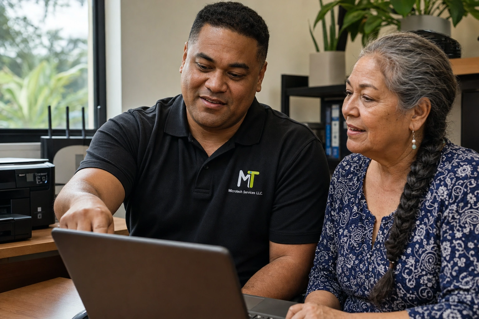 Microtech specialist patiently helping a customer with a laptop