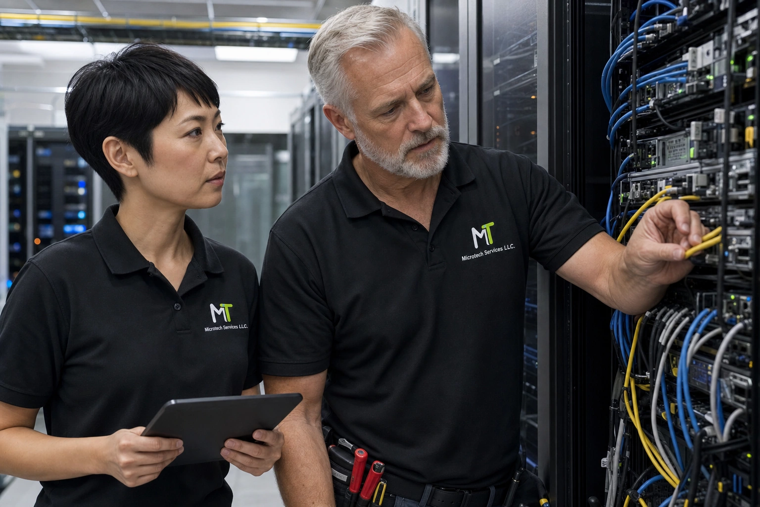 Microtech network engineers checking infrastructure in a server room