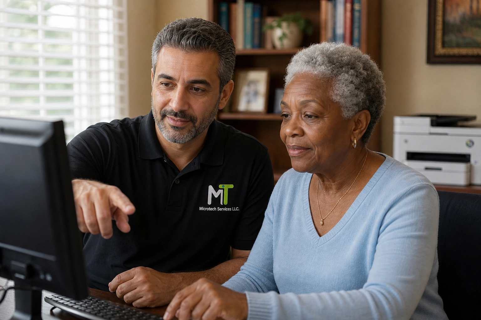 Microtech technician helping a customer with a home computer and printer