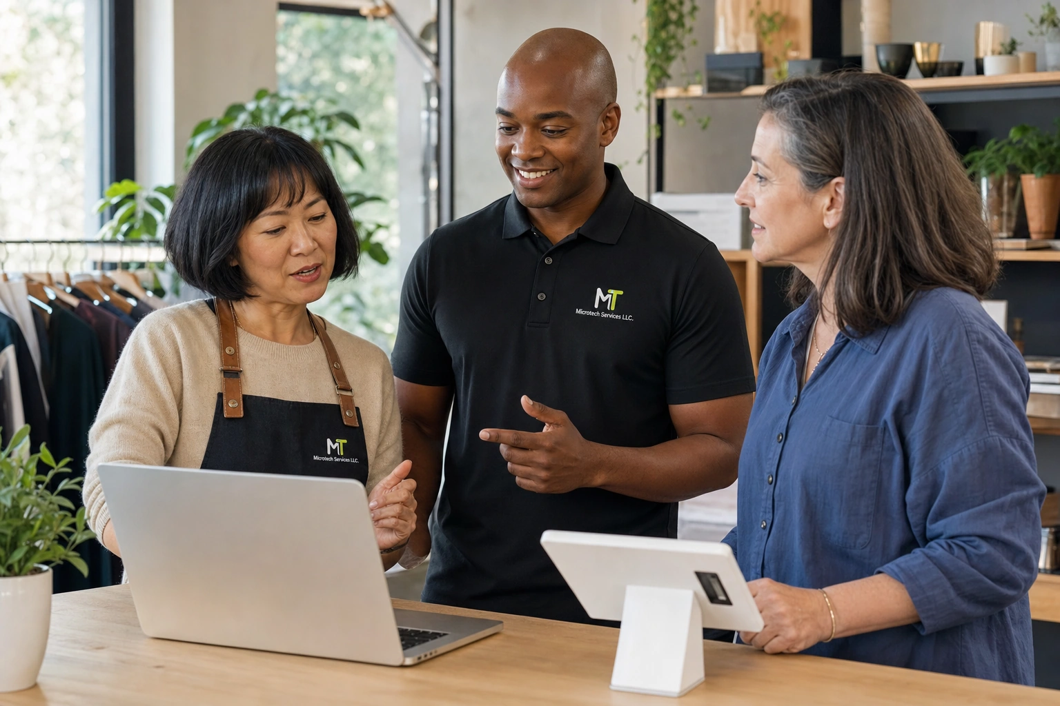 Microtech technicians helping a small-business owner