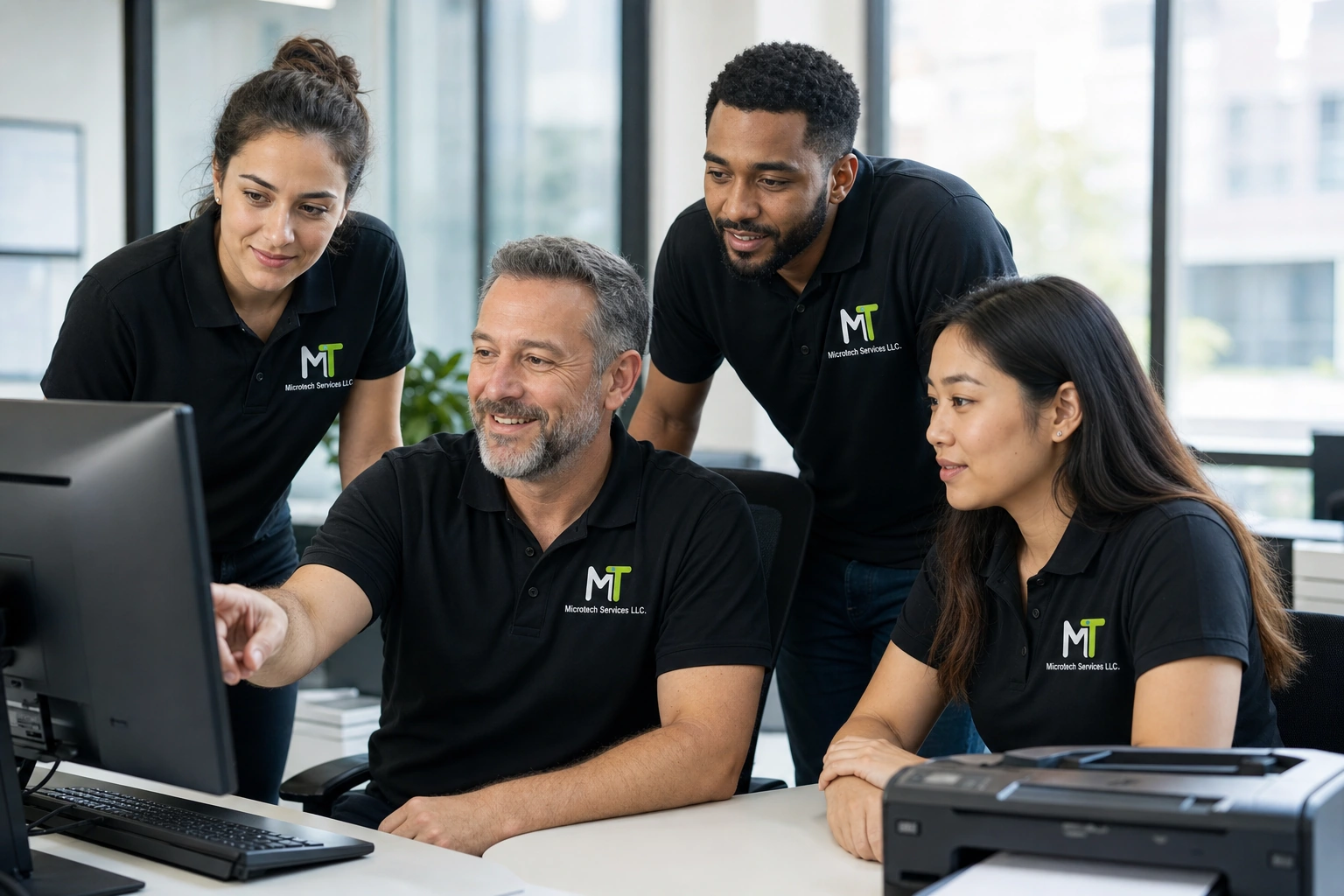 Microtech Services support team collaborating at a workstation