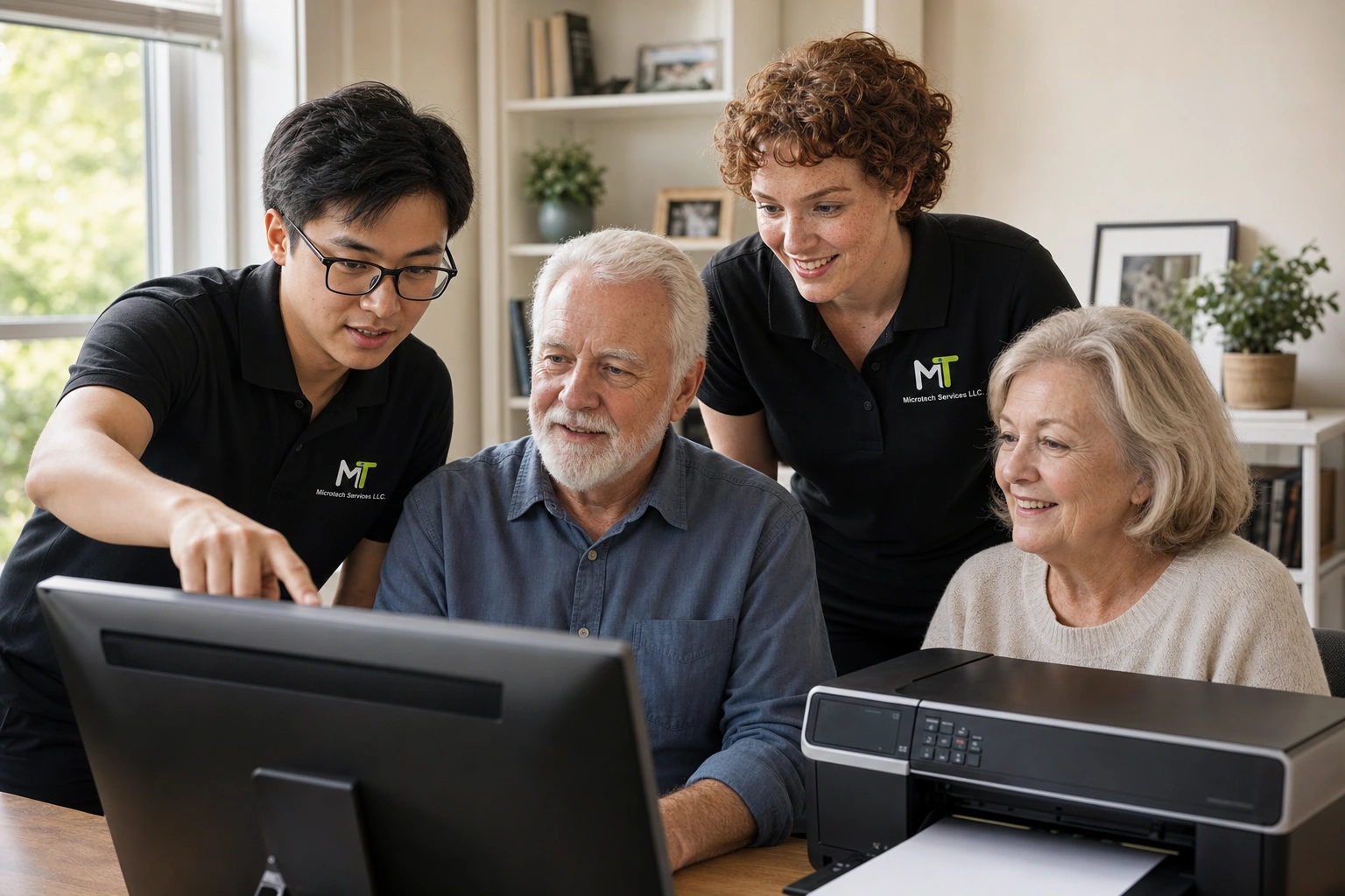 Microtech technicians helping older customers with a home computer and printer