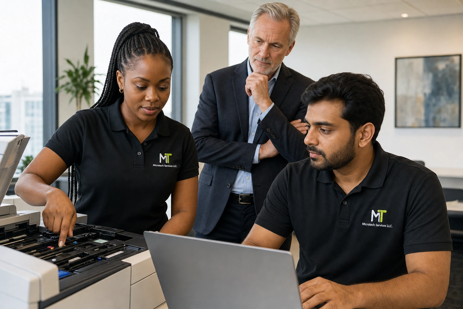 Microtech technicians configuring a business printer and laptop